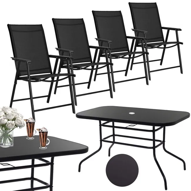 Meble ogrodowe zestaw na taras dla 4 osób: metalowe 4 krzesła i stół z bezbarwnym szklanym blatem, czarny