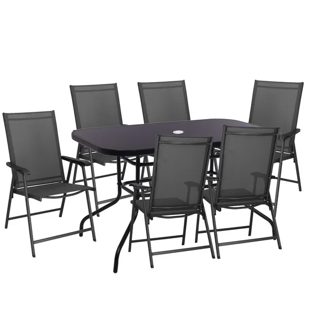 Meble ogrodowe 6 krzeseł, stół ze szkłem hartowanym zestaw na taras czarno-szary