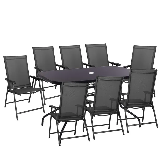 Meble ogrodowe 8 krzeseł, stół ze szkłem hartowanym zestaw na taras czarno-szary