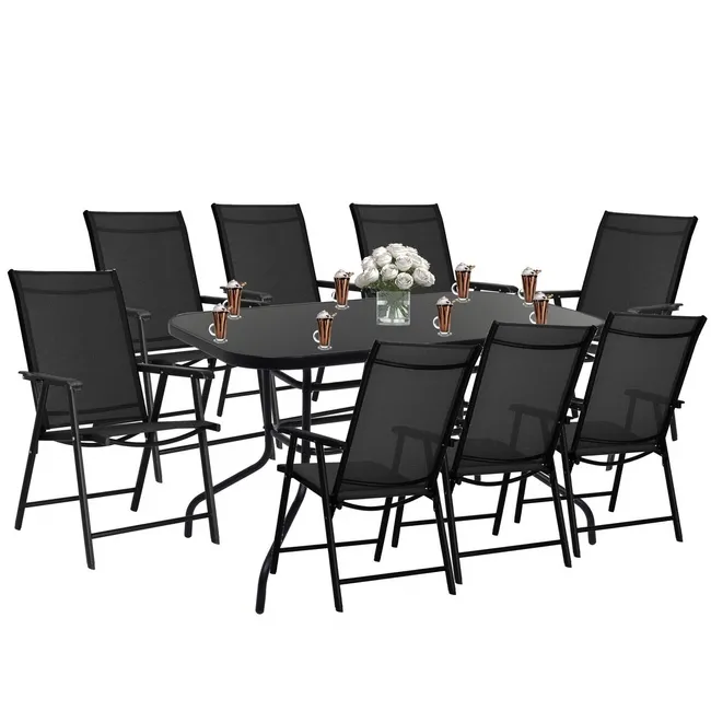 Meble ogrodowe 8 krzeseł, stół ze szkłem hartowanym zestaw na taras czarne