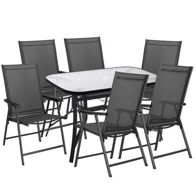 Meble ogrodowe zestaw na taras dla 6 osób: stół z bezbarwnym szklanym blatem i 6 krzeseł metalowe, czarno-szary