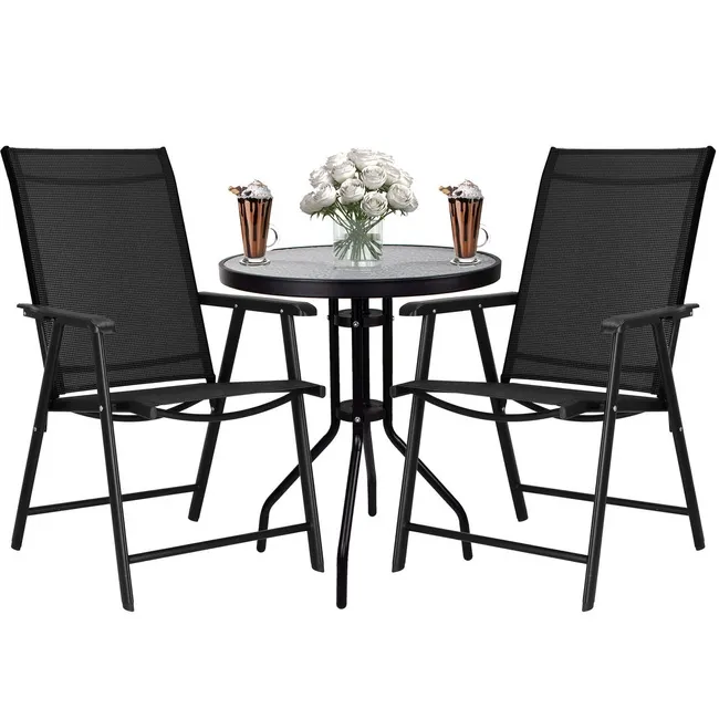 Meble tarasowe: stolik kawowy z bezbarwnego szkła hartowanego, 2 krzesła metalowe do ogrodu czarne