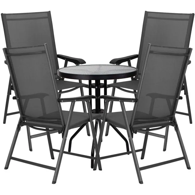 Meble ogrodowe 4 krzesła i okragły stół ze szklanym blatem zestaw na taras czarno-szary