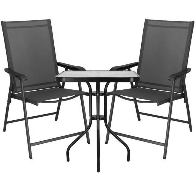 Meble tarasowe stolik kawowy ze szkła hartowanego, krzesła metalowe 2 szt. czarno-szare