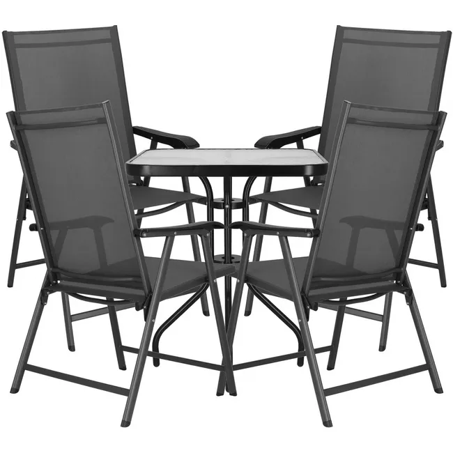 Meble tarasowe stolik kawowy ze szkła hartowanego, krzesła metalowe 4 szt. czarno-szare