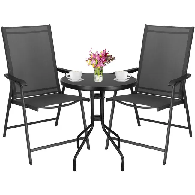 Meble tarasowe stolik kawowy ze szkła hartowanego, krzesła metalowe 2 szt. czarno-szare