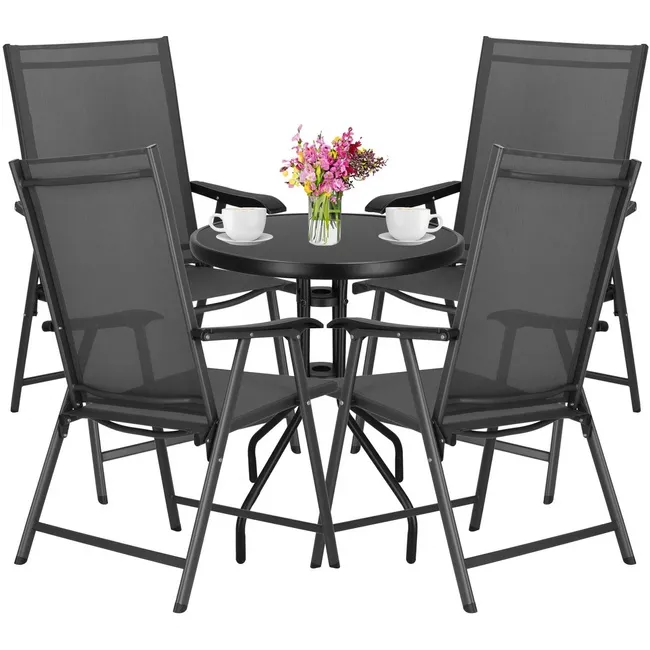 Meble tarasowe stolik kawowy ze szkła hartowanego krzesła metalowe 4 szt. czarno-szare