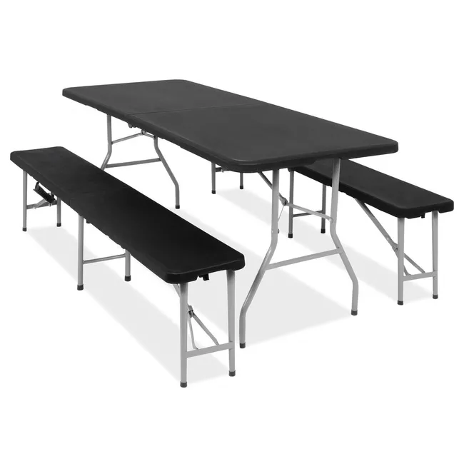 Zestaw turystyczny, meble cateringowe: stół z 2 ławkami składany na bankiet, czarno-szary