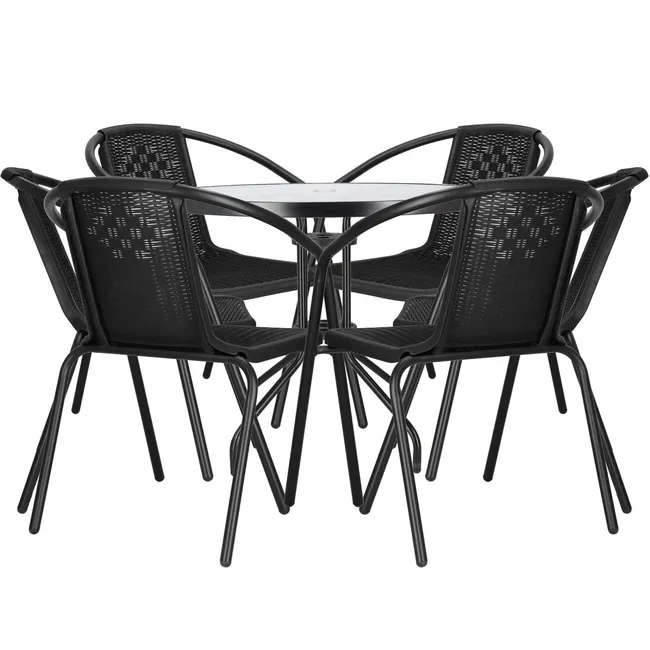 Meble tarasowe: stolik kawowy, 6 krzeseł metalowych do ogrodu czarne