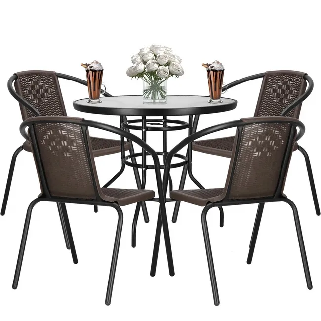 Meble tarasowe stolik kawowy ze szkła hartowanego, 4 krzesła metalowe do ogrodu czarno-brązowe