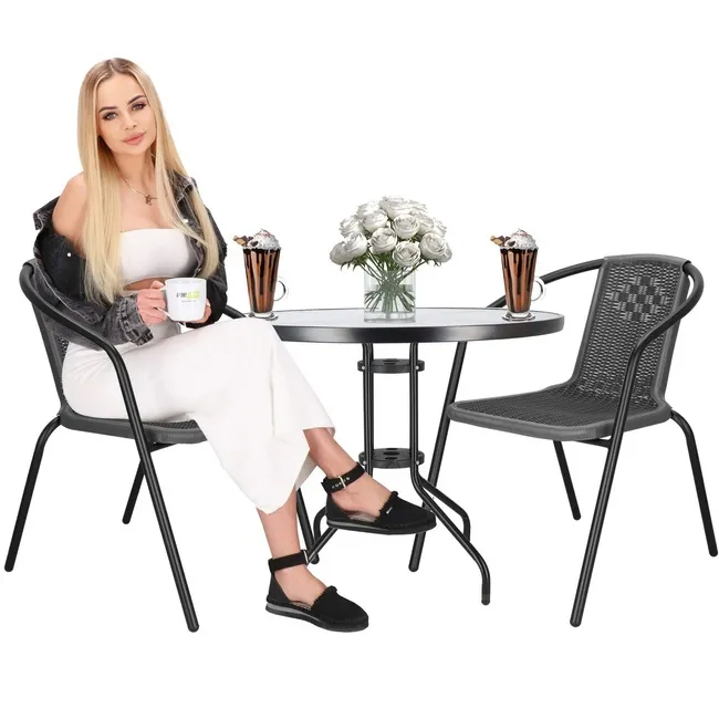 Meble ogrodowe zestaw stolik kawowy szklany i 2 krzesła metalowe do ogrodu czarno-szare
