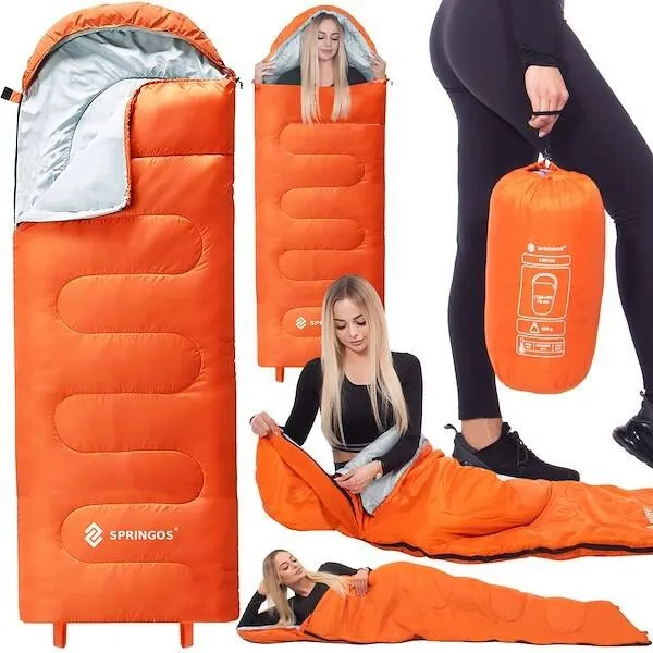 Śpiwór turystyczny mumia 205x73 cm 2w1 ciepły kempingowy pomarańczowy