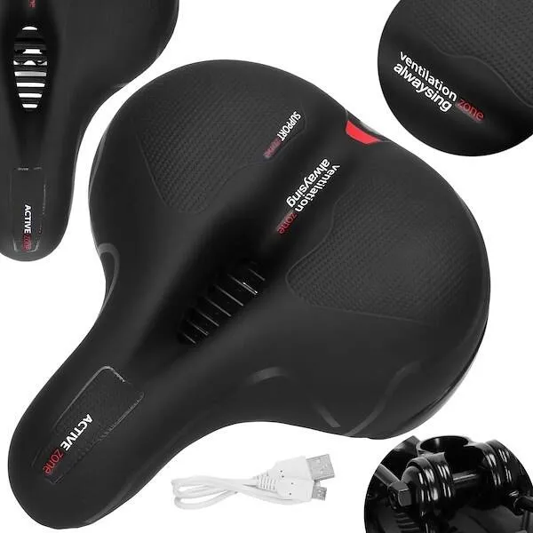 Siodełko do roweru żelowe z lampką, wentylowane czarne