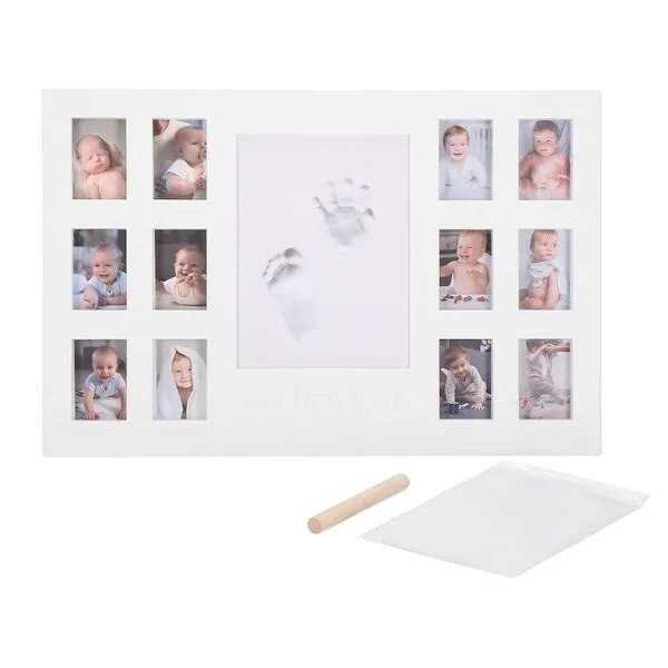 Multiramka na zdjęcia, odlew rączki i stópki, wałek, glinka, prezent na baby shower, chrzest, biała