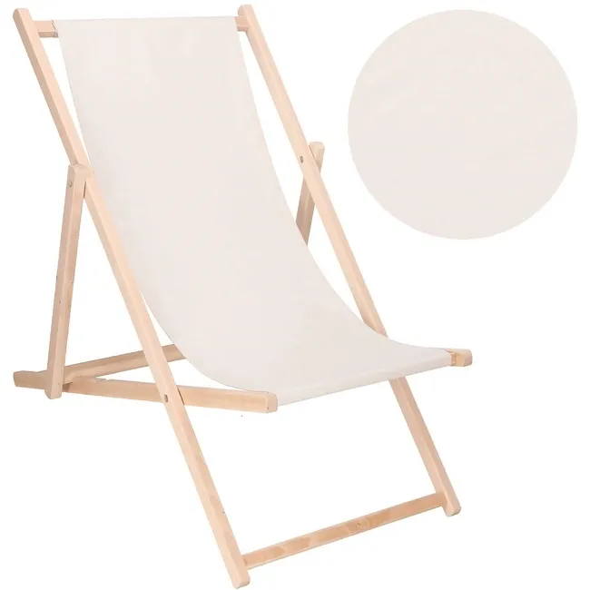 Leżak ogrodowy drewniany z 3-stopniową regulacją plażowy balkonowy ecru