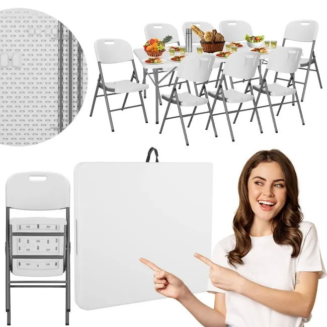 Zestaw cateringowy, stół 200x90 cm z 8 krzesłami składane meble ogrodowe białe