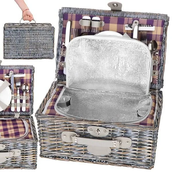 Kosz piknikowy z wyposażeniem, termiczny 42x27x20 cm wiklinowy, szary