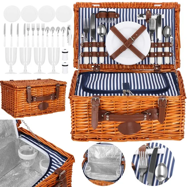 Kosz piknikowy z wyposażeniem, termiczny 42x27x20 cm wiklinowy, brązowy
