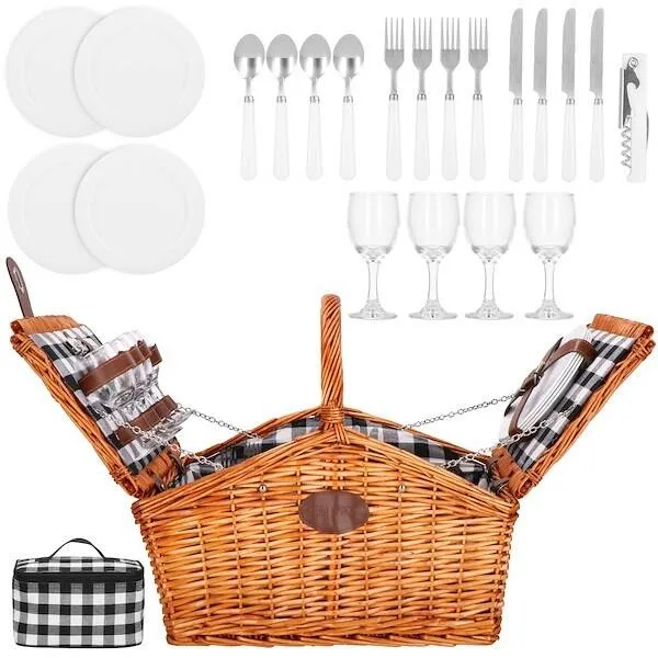 Kosz piknikowy z wyposażeniem i torbą termiczną 45x32x42 cm wiklinowy, brązowy