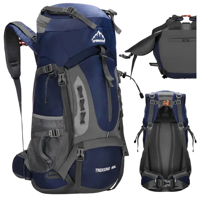 Plecak turystyczny 60 L trekkingowy wielofunkcyjny z gwizdkiem granatowy