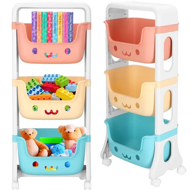 Regał na zabawki na kółkach z 3 pojemnikami, mobilny orgaznizer pastelowy