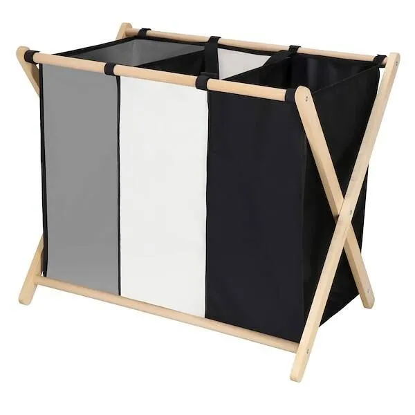 Kosz na pranie 105 L z trzema materiałowymi komorami, składany, czarny, szary, ecru