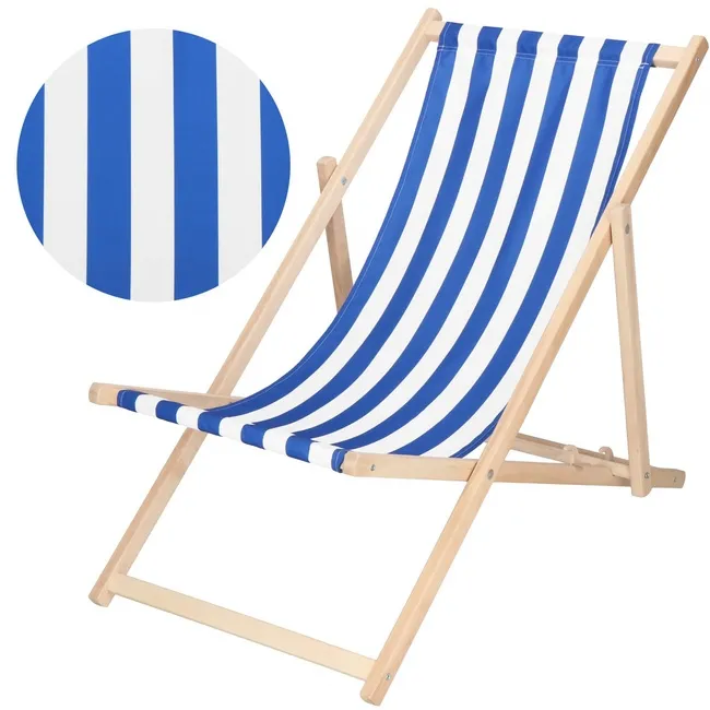 Leżak ogrodowy, drewniany z 3-stopniową regulacją, plażowy, balkonowy, biało-niebieskie pasy