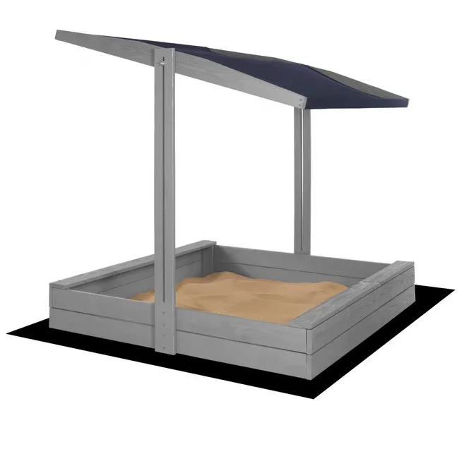 Piaskownica drewniana z daszkiem 120x120 cm z ławeczkami, funkcją zamyknia, włókniną, szara