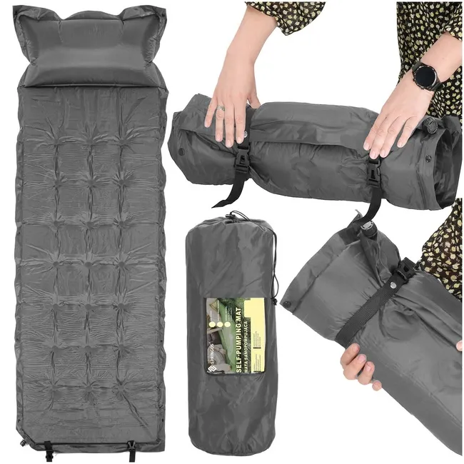 Mata samopompująca 193 cm turystyczna, biwakowa z poduszką i pokrowcem, szara