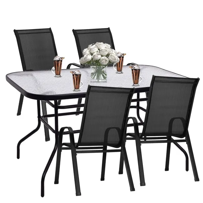 Meble ogrodowe 4 krzesła, stół ze szkłem hartowanym zestaw na taras czarny