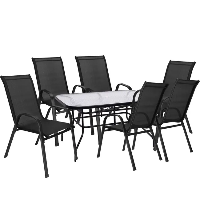 Meble ogrodowe 6 krzeseł, stół ze szkłem hartowanym zestaw na taras czarny