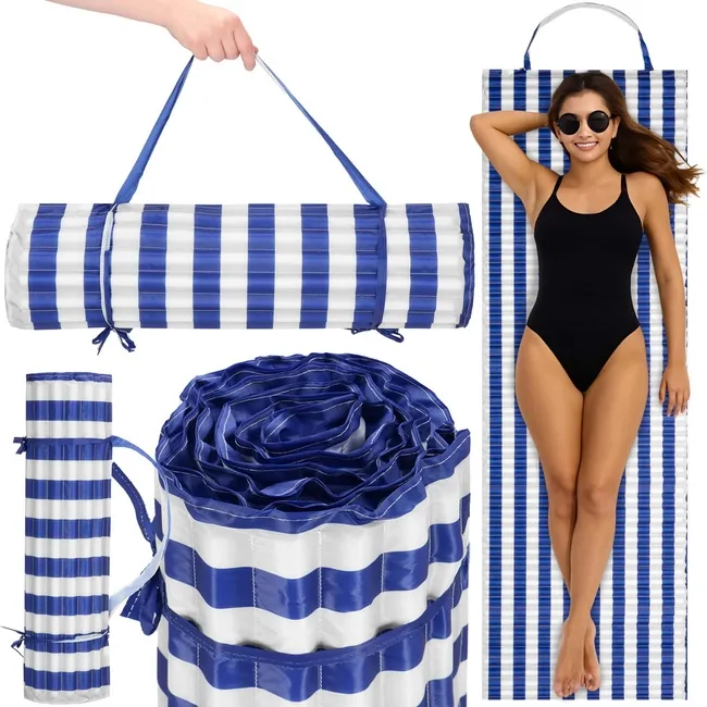 Mata na plażę 180 x 60 cm karimata składana na biwak kemping, biało-granatowa