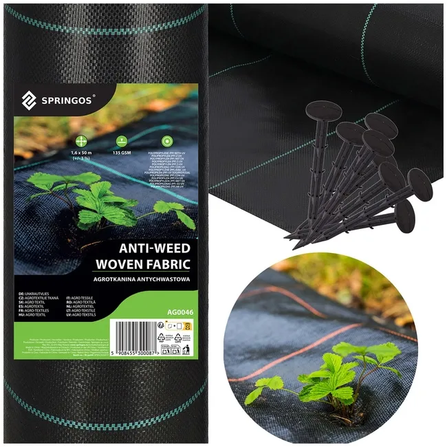 Agrowłóknina antychwastowa agrotkanina 135 g/m2 czarna mata 1,6m x 50m + kotwy mocujące 50 szt. kołki