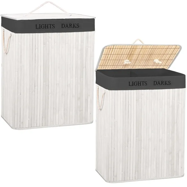 Kosz na pranie dwukomorowy 105l bambusowy z pokrywą biały, szary
