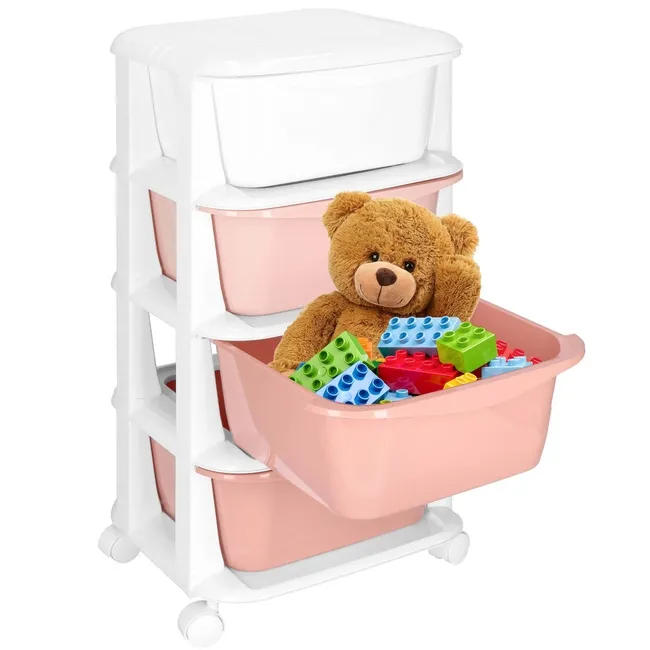 Regał na zabawki z 4 szufladami, pojemnik na kółkach, mobilny orgaznizer różowo-biały