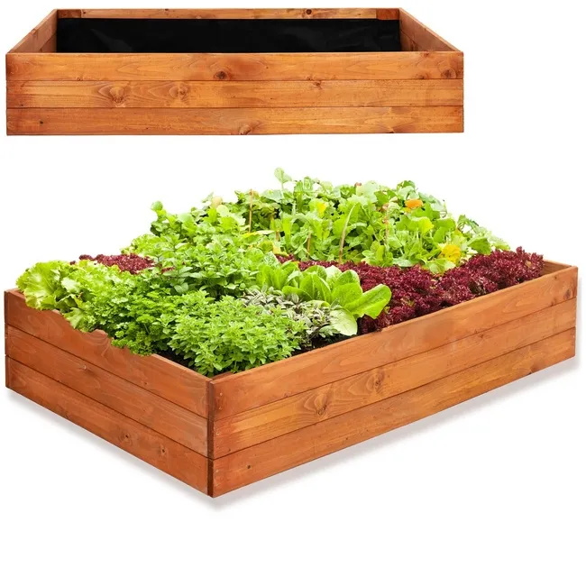 Skrzynia drewniana na warzywa, warzywniak z agrowłókniną, brązowy