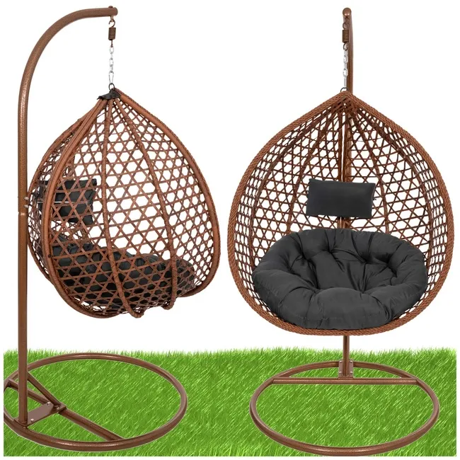 Kokon ogrodowy rattanowy z poduszkami fotel wiszący bujak huśtawka na metalowym stelażu brązowa
