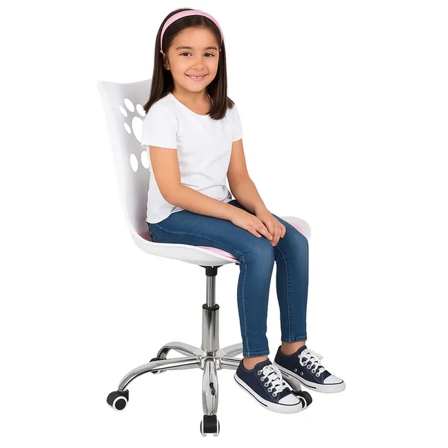 Fotel dziecięcy do biurka, obrotowe krzesło na kółkach regulowane dla dzieci do nauki, biało-różowe