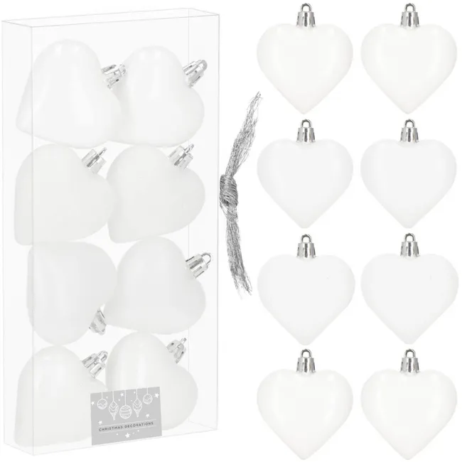 Bombki choinkowe 8 szt. ozdoby świąteczne 7 cm serca, białe
