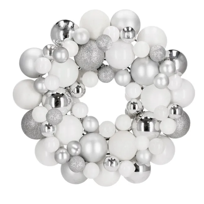 Wieniec świąteczny z bombek, wianek na drzwi 34 cm stroik, srebrny