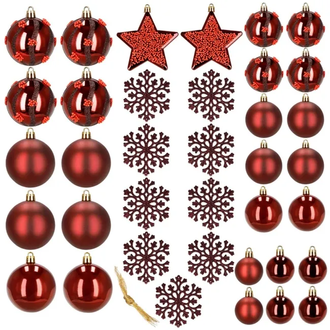 Bombki choinkowe 40 szt. zestaw bombki, gwiazdy i śnieżynki, nietłukące bordowo-czerwone