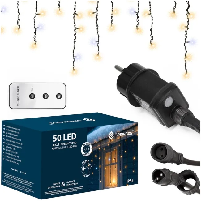Kurtyna świetlna PRO 500 Led lampki zewnętrzne 25 m ciepły biały + zimny biały flash zestaw