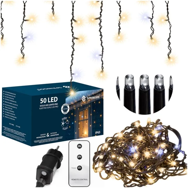 Kurtyna świetlna PRO 500 Led lampki zewnętrzne 25 m ciepły biały + zimny biały flash komplet