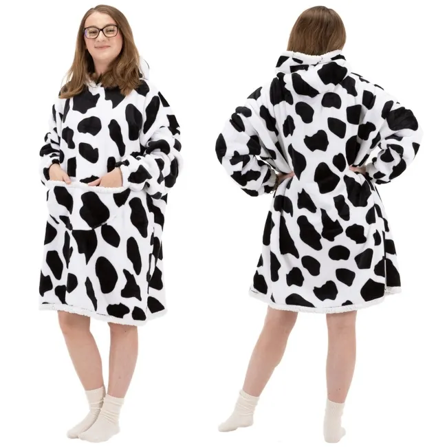 Kocobluza damska oversize koc bluza 2w1 z kapturem ciepła szlafrok futrzak czarno-biały