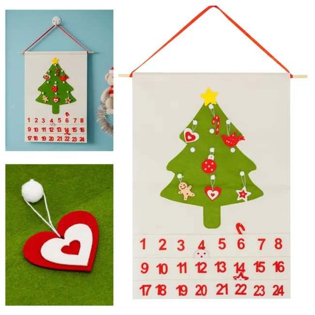 Kalendarz adwentowy, wiszący z 24 przegródkami Choinka, dekoracja świąteczna, filc, multikolor