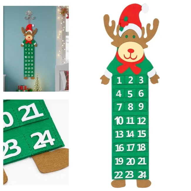 Kalendarz adwentowy, wiszący z 24 przegródkami Renifer, dekoracja świąteczna, filc, multikolor