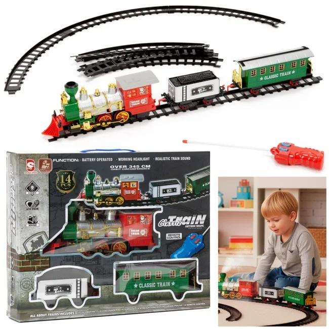 Lokomotywa z wagonami, pociąg parowy, sterowany, na baterie, tory