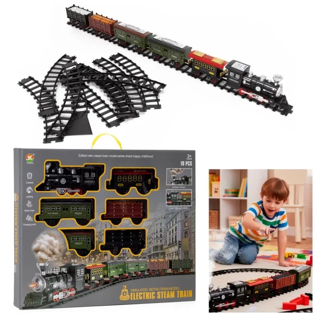 Pociąg z wagonami dla dzieci z mgiełką i dźwiękami, lokomotywa parowa z torami na baterie