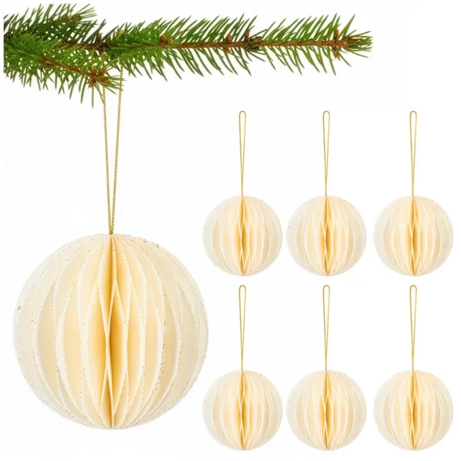 Papierowe bombki 6 szt. zawieszki choinkowe, ozdoby świąteczne 8 cm rozkładane, biały