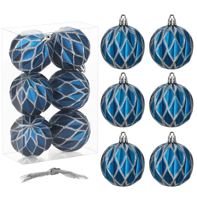 Bombki choinkowe 7 cm 6 szt. zestaw ozdoby świąteczne zdobione matowe, niebiesko-srebrne